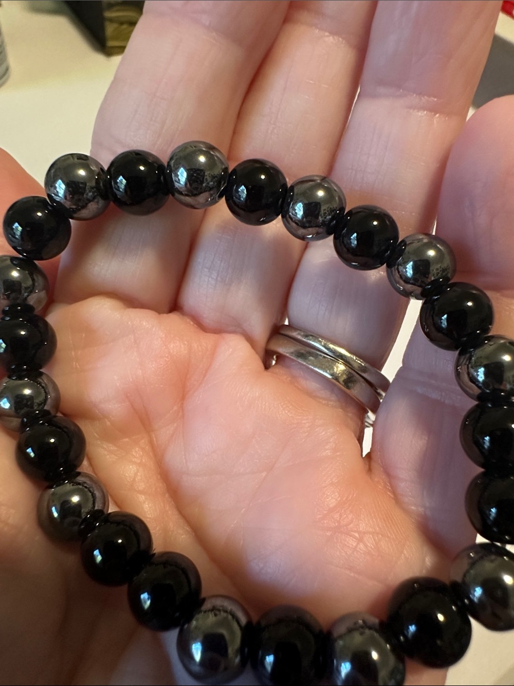 Handmade Hematite obsidian beaded Black and Silver stretch Bracelet for memory